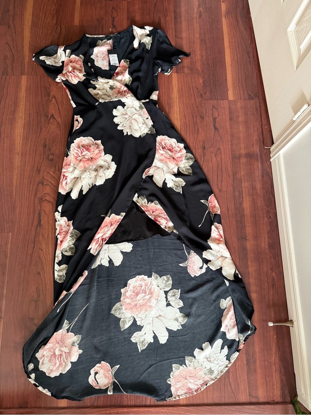 Dynamite Black Wrap Maxi Dress with Pink and Cream Florals